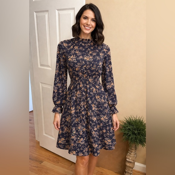 SHEIN Dresses & Skirts - Navy and Beige Floral Long Sleeve Dress Size Medium